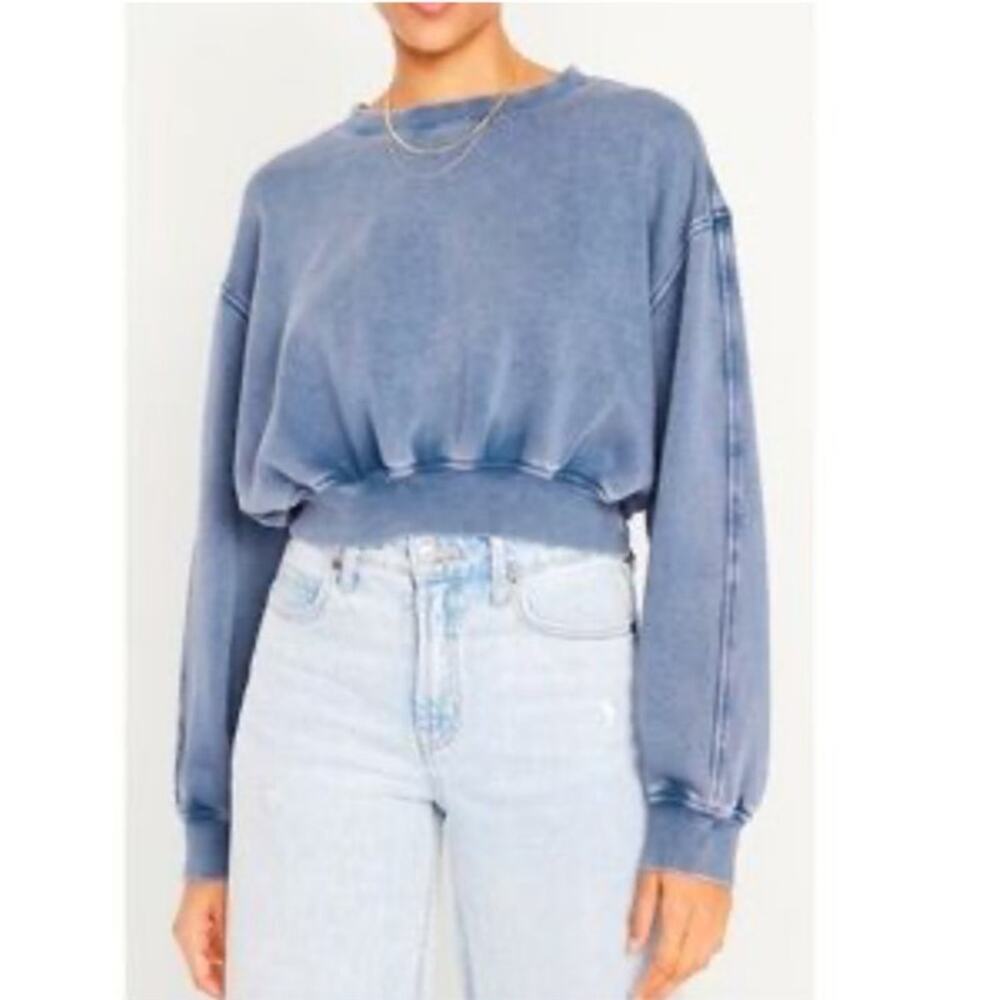 Lazy Sunday Blue Cropped Crewneck Sweatshirt Cotton Long Sleeve Top Sz S